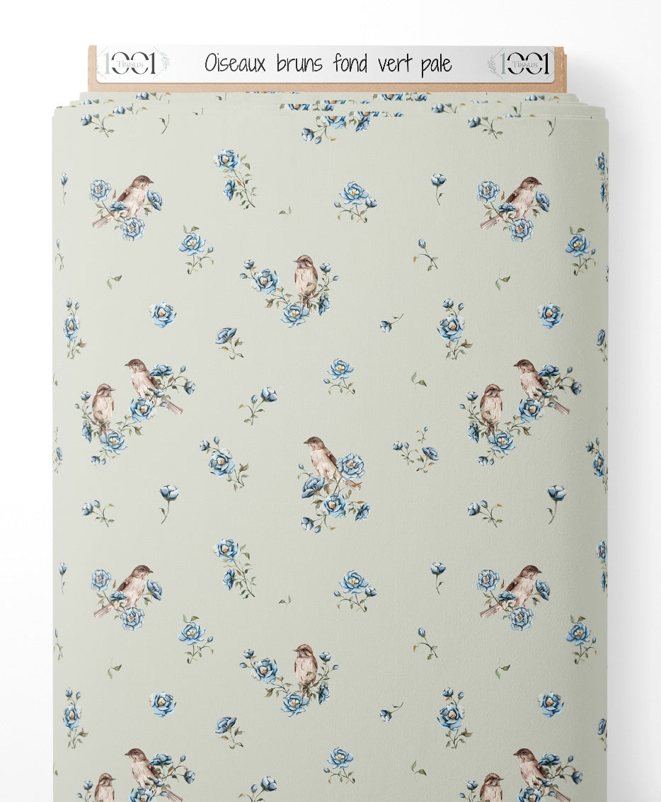 Tissu - Oiseaux bruns sur fond vert pâle