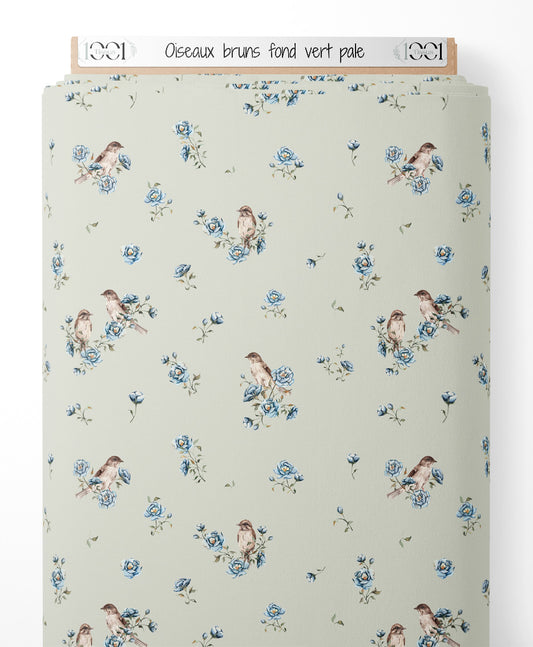 Tissu - Oiseaux bruns sur fond vert pâle