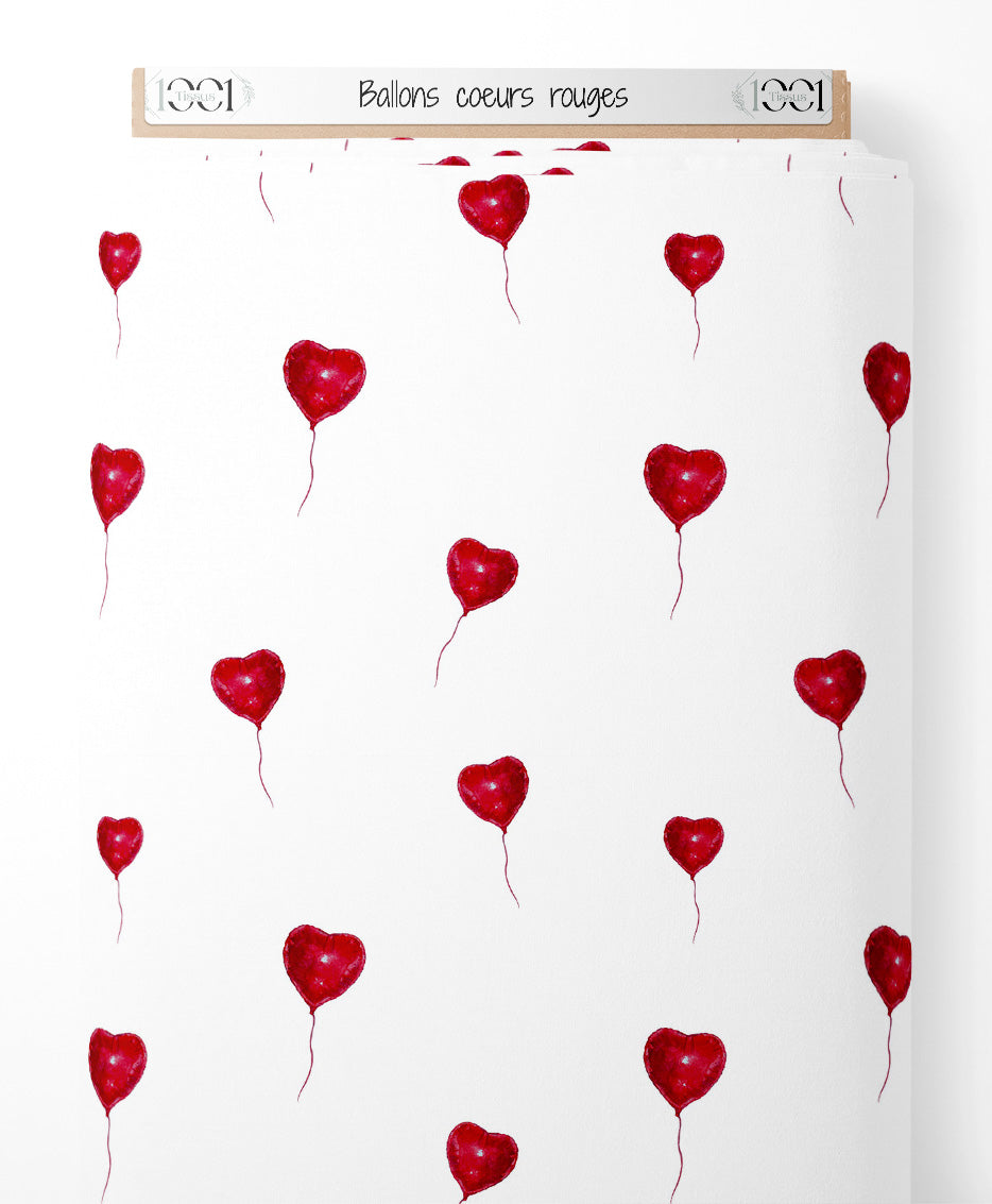 Tissu - Ballons cœurs rouges