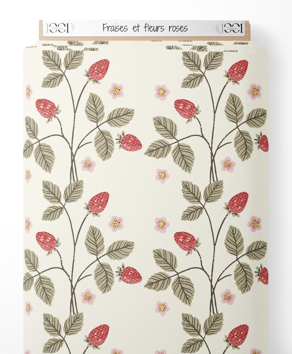 Tissu - Fraises et fleurs roses