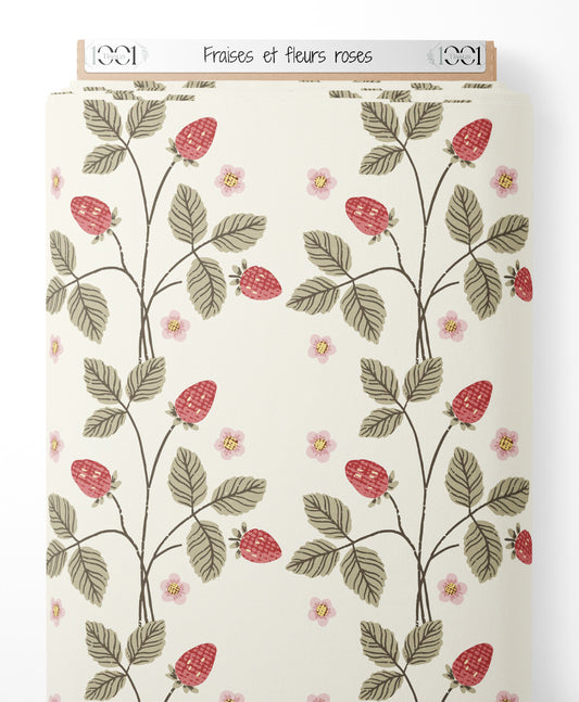 Tissu - Fraises et fleurs roses