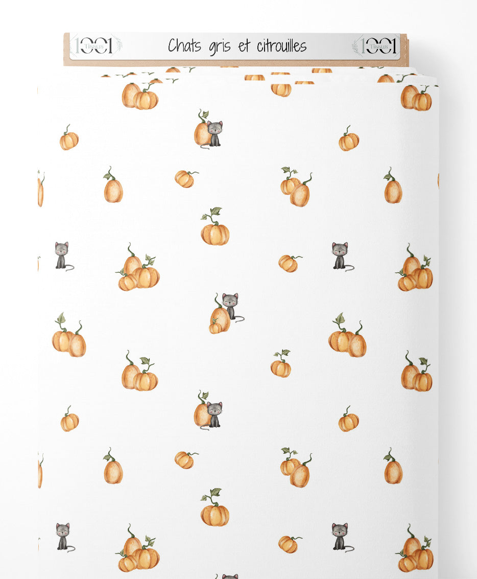 Tissu - Chats gris et citrouilles