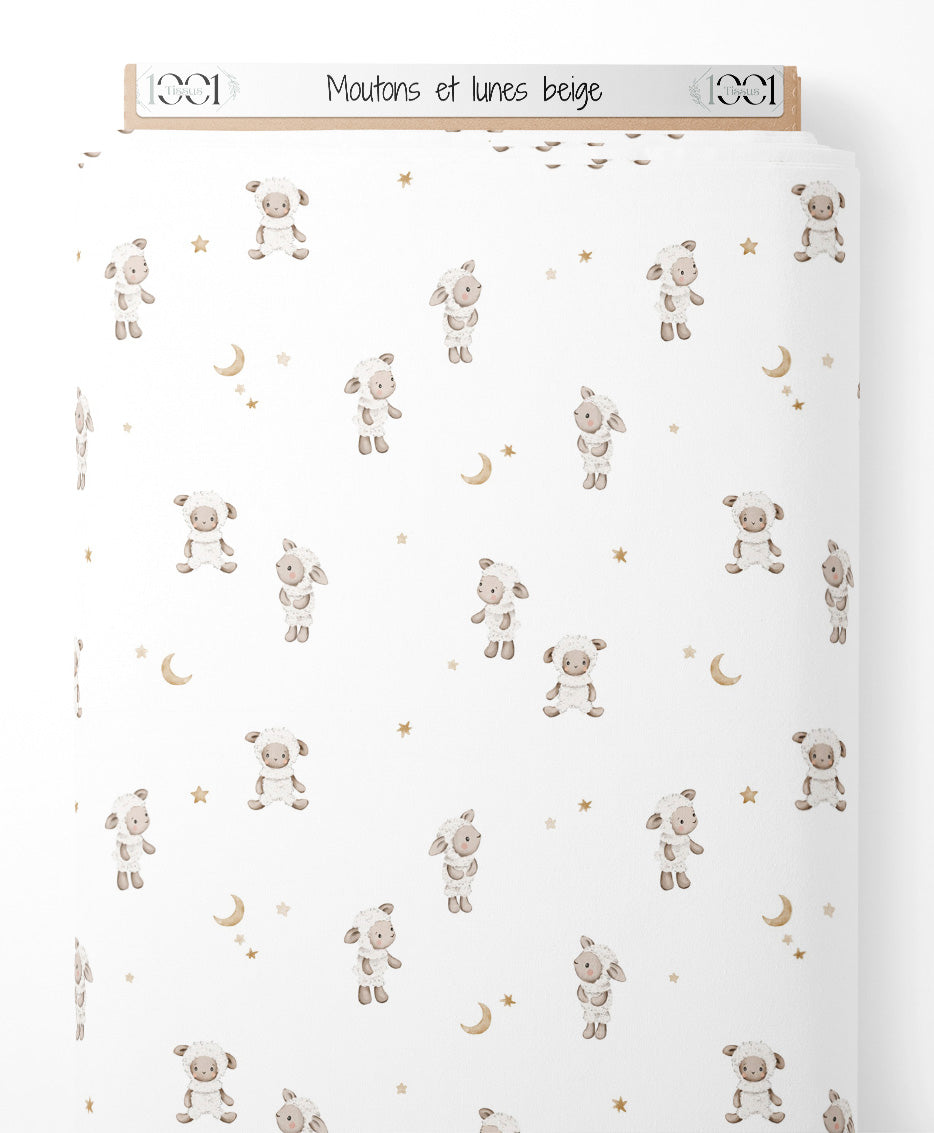 Tissu - Moutons et lunes beige