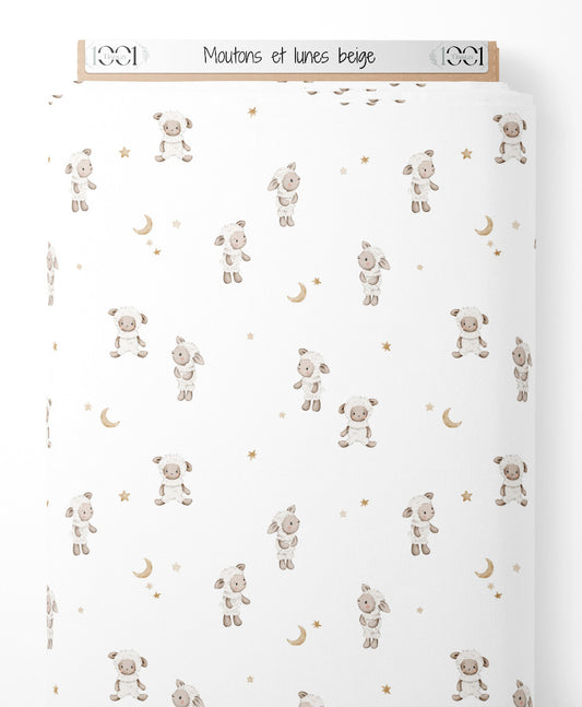 Tissu - Moutons et lunes beige