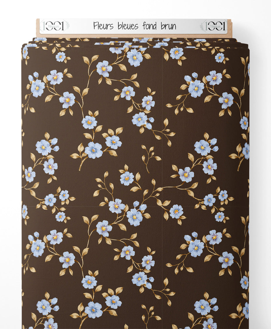 Tissu - Fleurs bleues sur fond brun