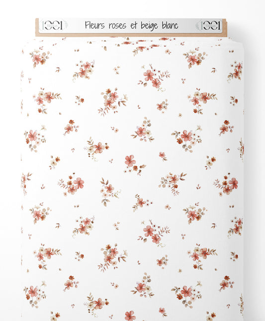 Tissu - Fleurs roses et beige blanc