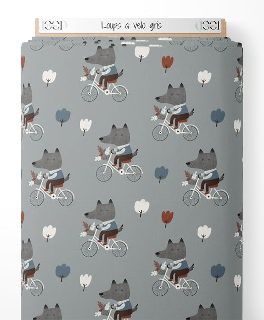 Tissu - Loups à vélo gris