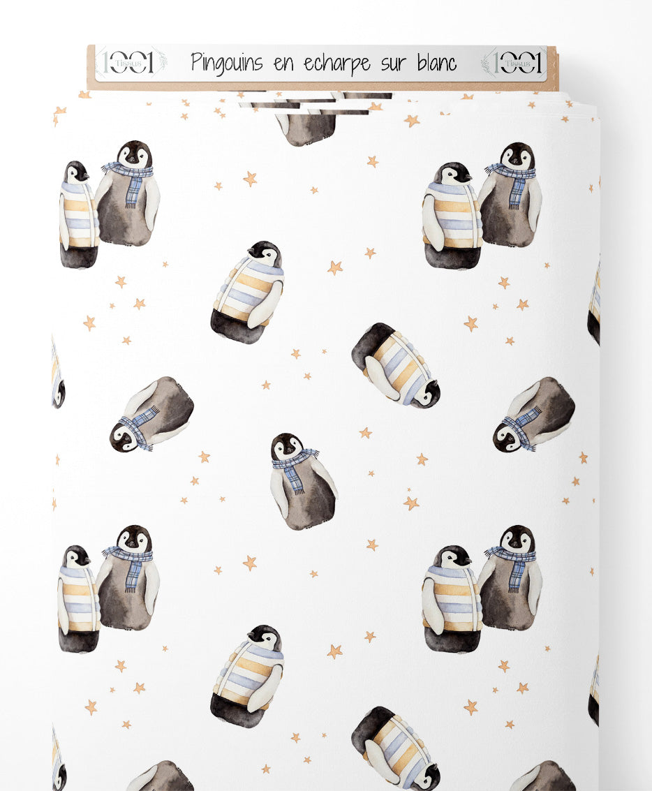 Tissu - Pingouins en écharpe sur blanc