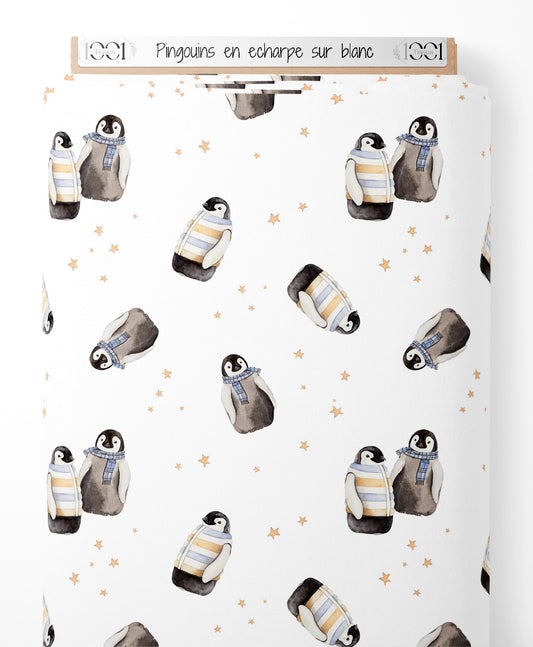 Tissu - Pingouins en écharpe sur blanc