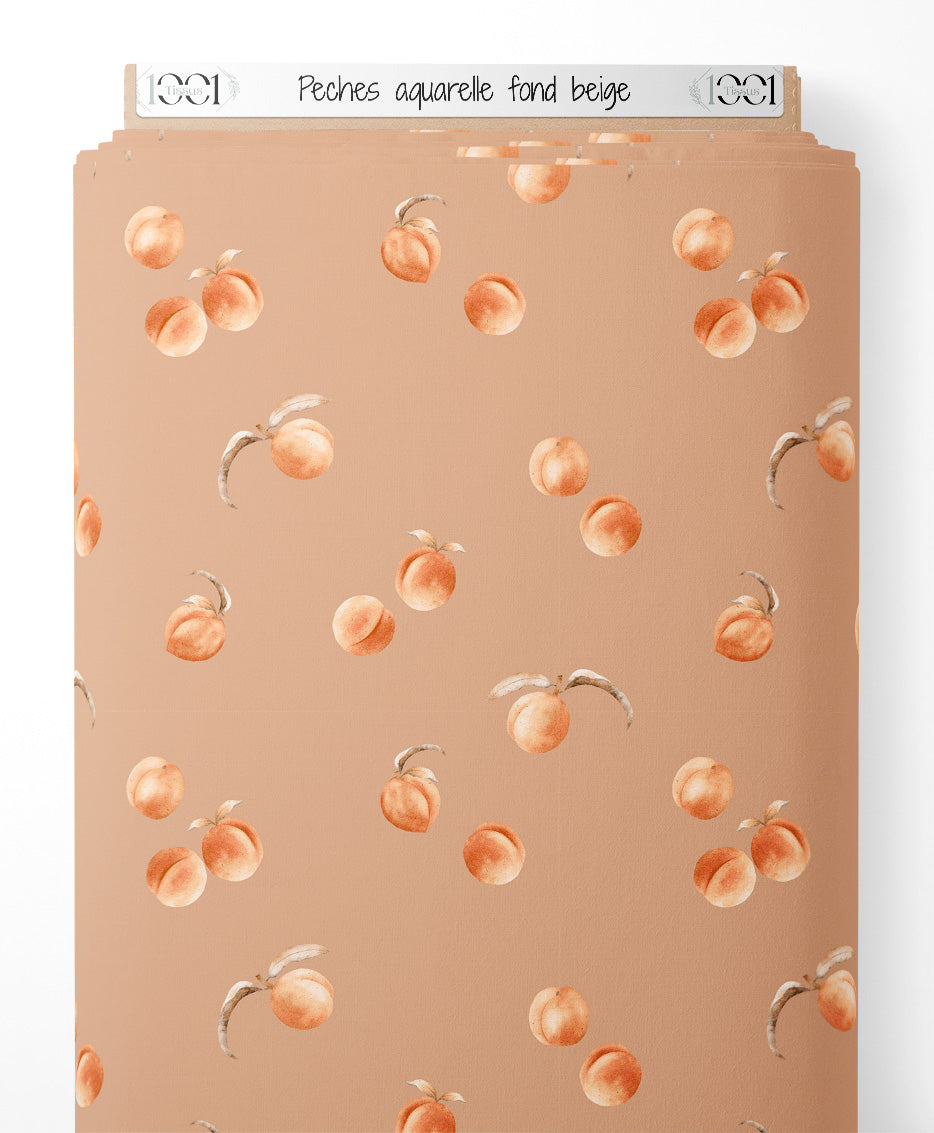 Tissu - Pêches aquarelle fond beige