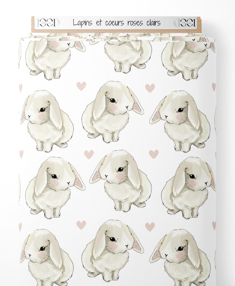 Tissu - Lapins et cœurs roses clairs