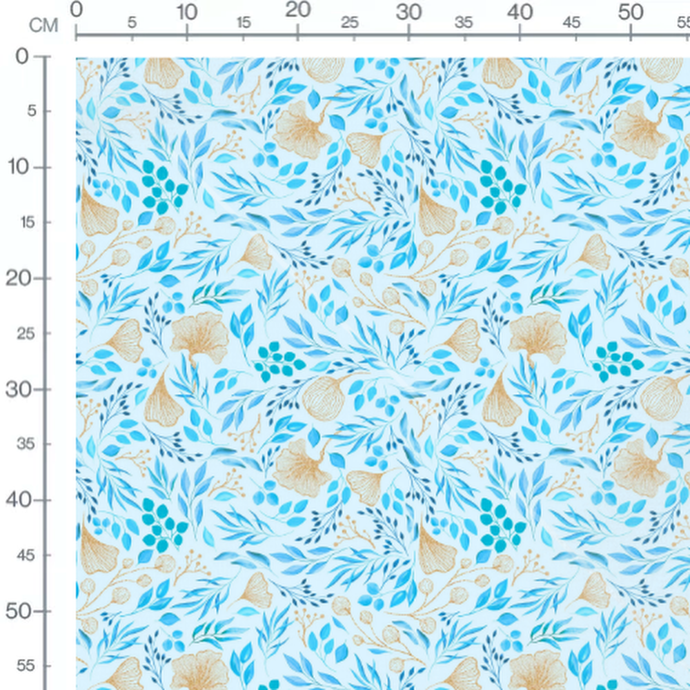 Tissu - Feuilles bleues et fleurs dorées