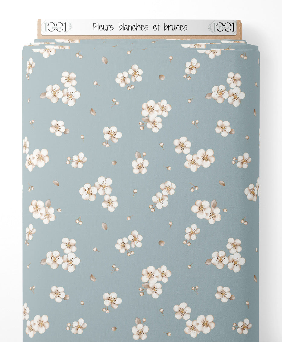 Tissu - Fleurs blanches et brunes