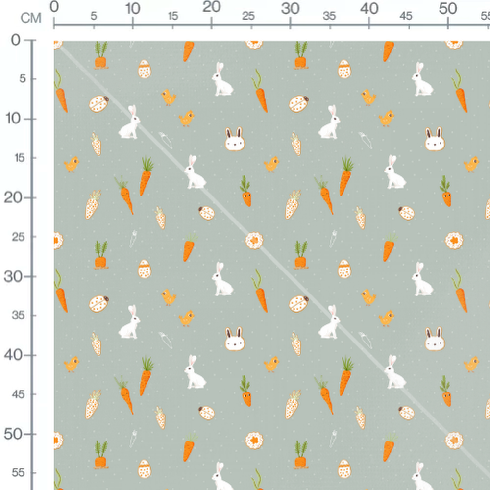 Tissu - Lapins et carottes sur fond vert