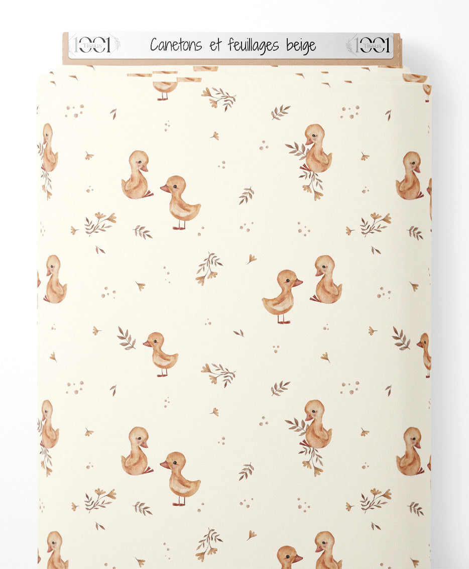 Tissu - Canetons et feuillages beige