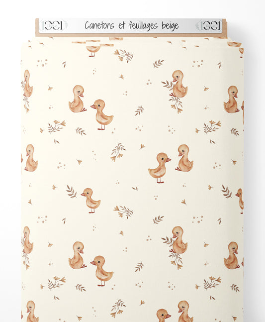Tissu - Canetons et feuillages beige