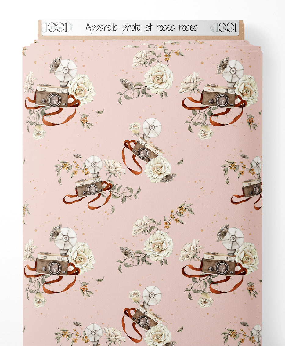 Tissu - Appareils photo et roses roses