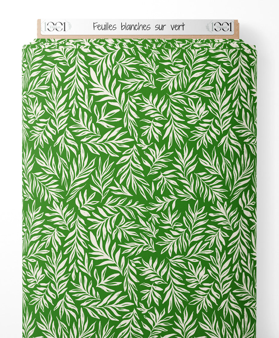 Tissu - Feuilles blanches sur vert