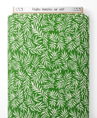 Tissu - Feuilles blanches sur vert
