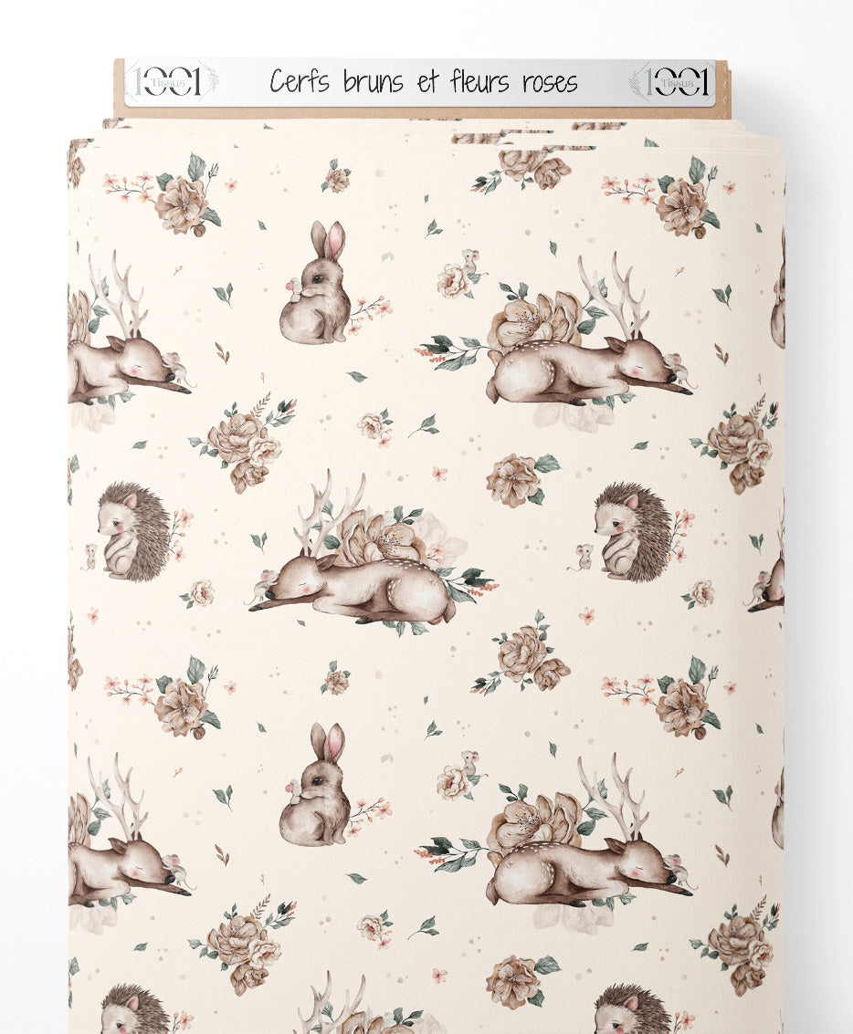 Tissu - Cerfs bruns et fleurs roses