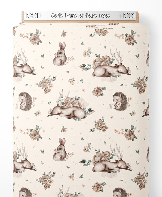 Tissu - Cerfs bruns et fleurs roses