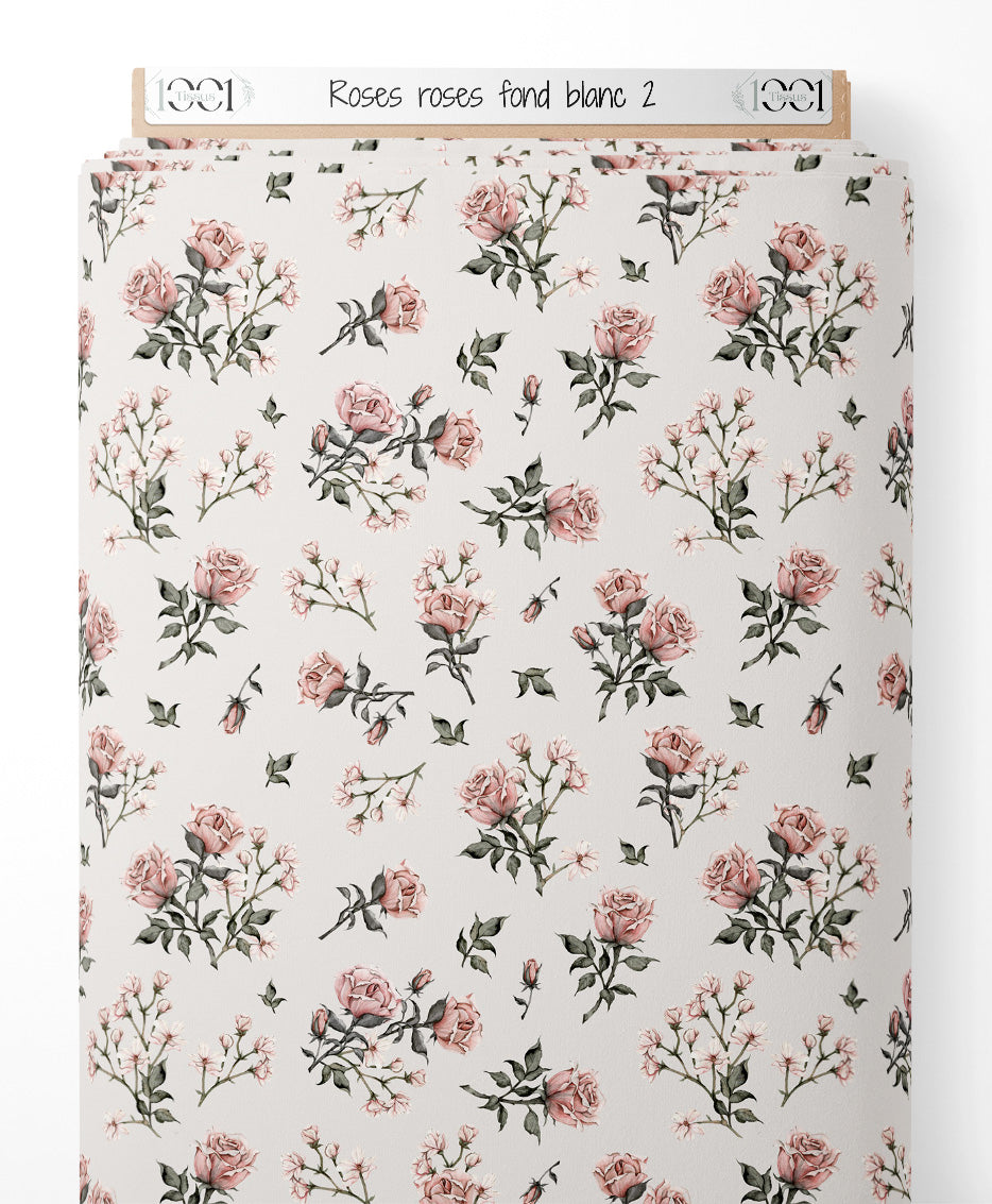 Tissu - Roses roses sur fond blanc 2