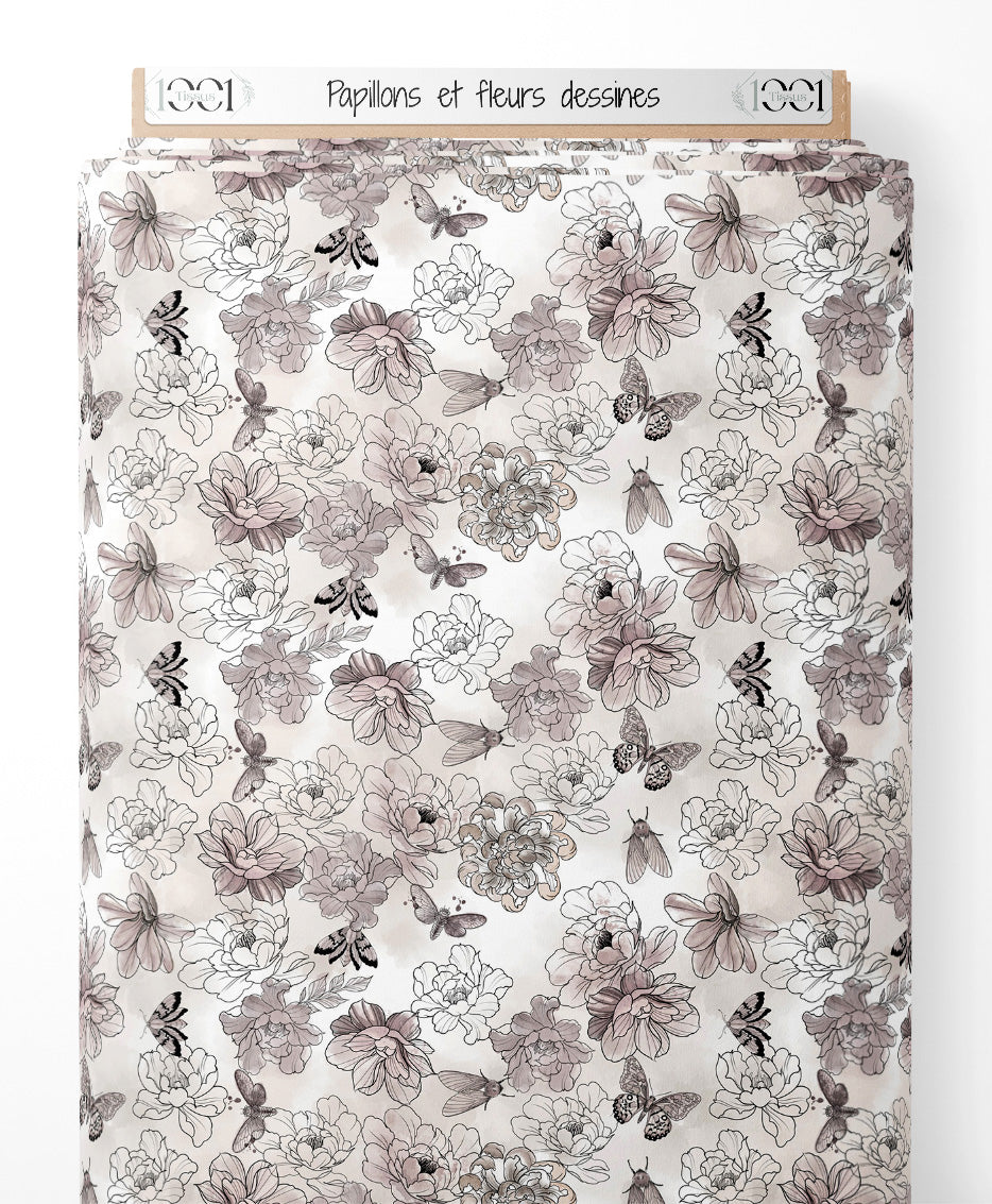 Tissu - Papillons et fleurs dessinés