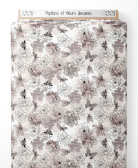 Tissu - Papillons et fleurs dessinés