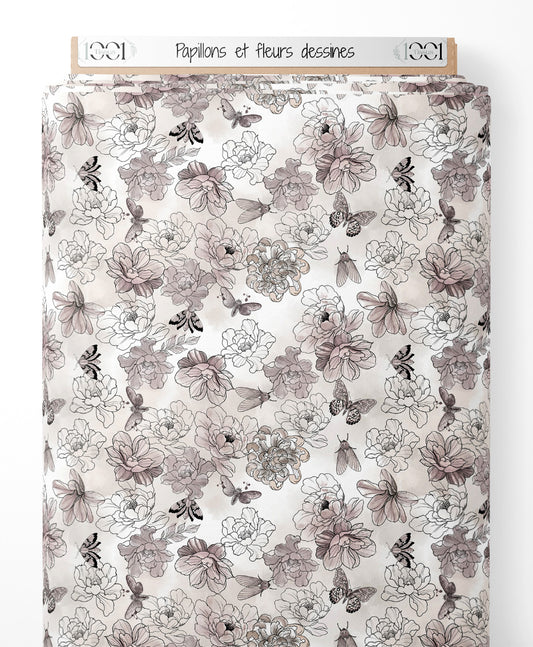 Tissu - Papillons et fleurs dessinés