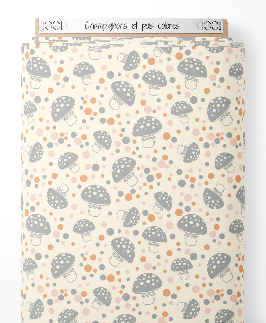 Tissu - Champignons et pois colorés