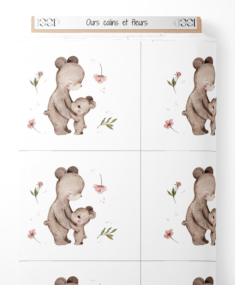 Tissu - Ours câlins et fleurs