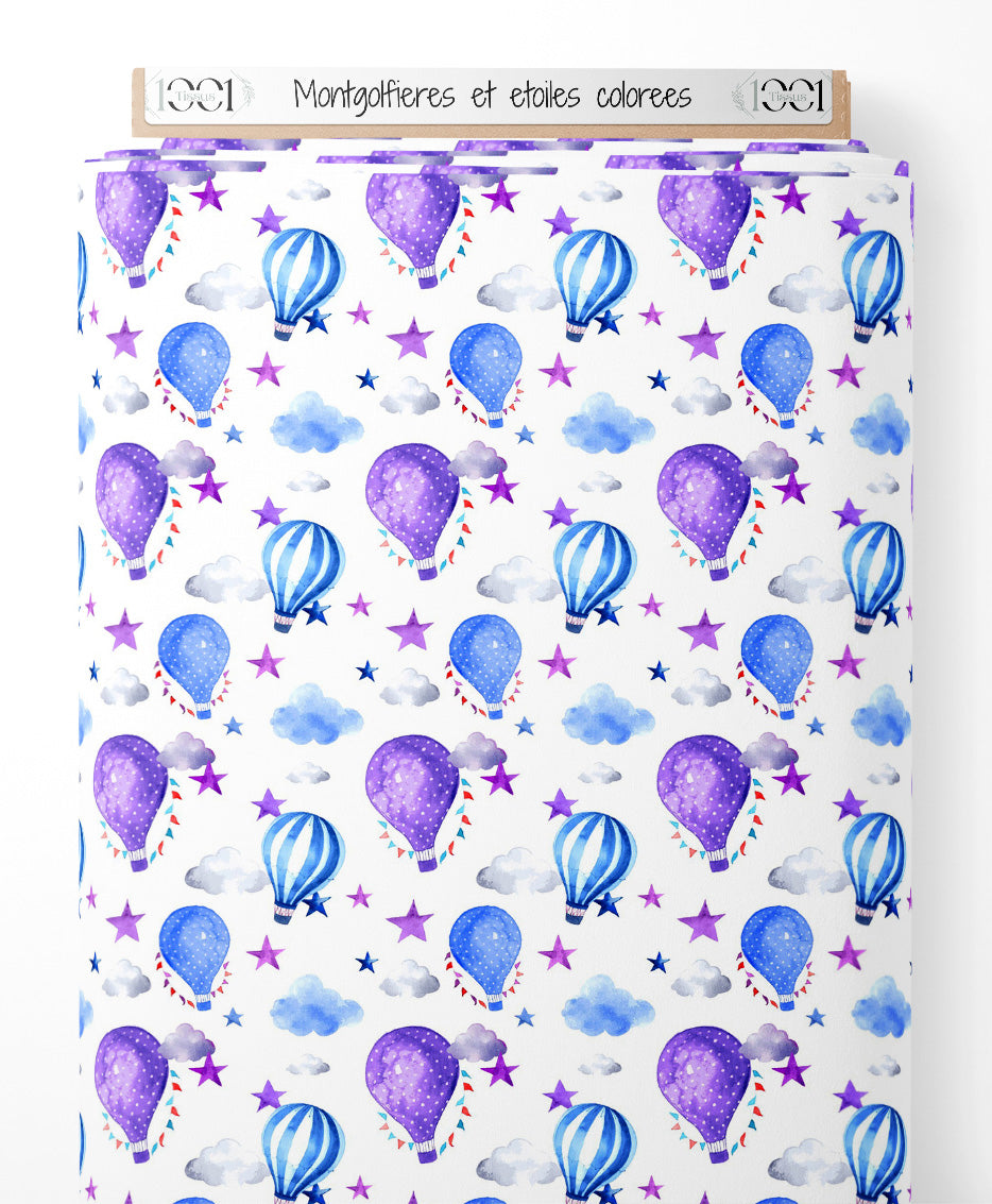 Tissu - Montgolfières et étoiles colorées