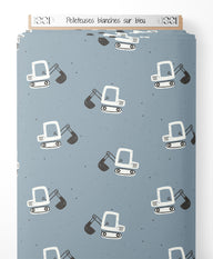 Tissu - Pelleteuses blanches sur bleu