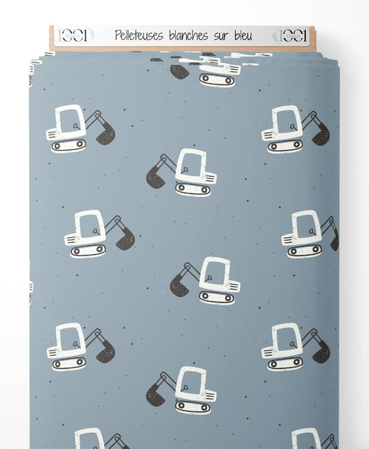 Tissu - Pelleteuses blanches sur bleu