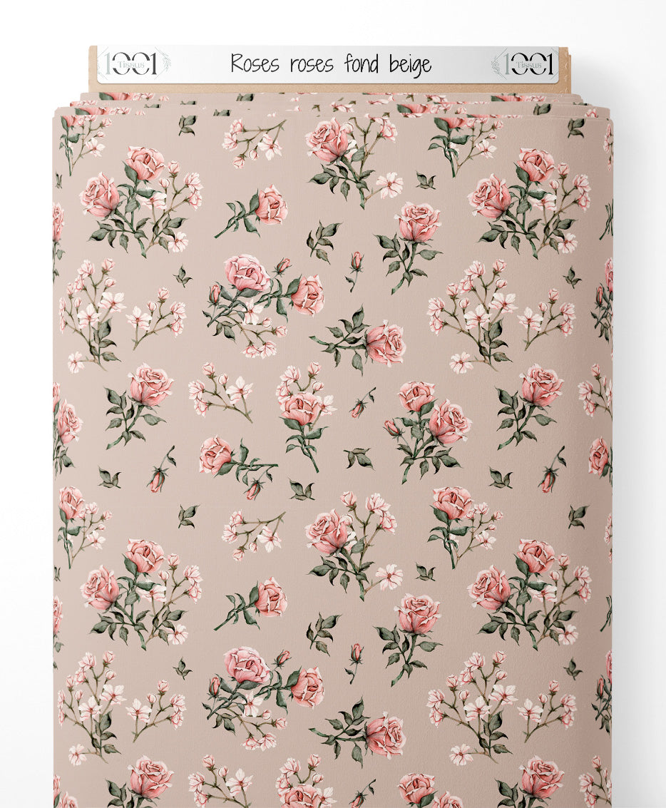 Tissu - Roses roses sur fond beige