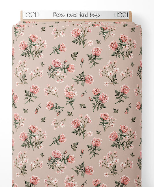 Tissu - Roses roses sur fond beige