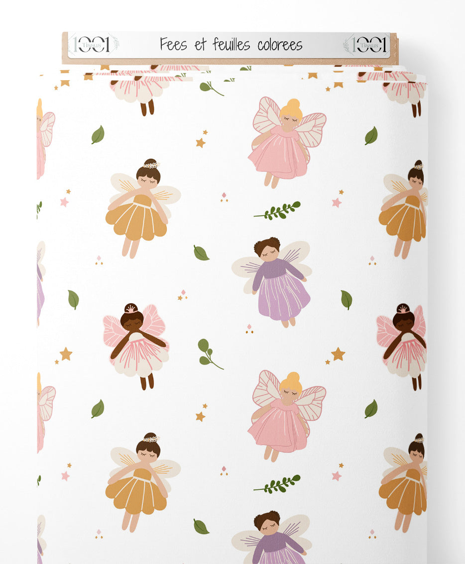Tissu - Fées et feuilles colorées