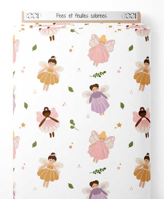 Tissu - Fées et feuilles colorées