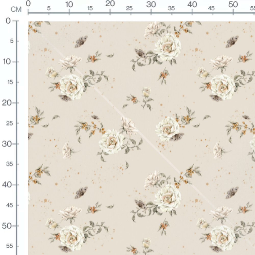 Tissu - Roses blanches sur fond beige