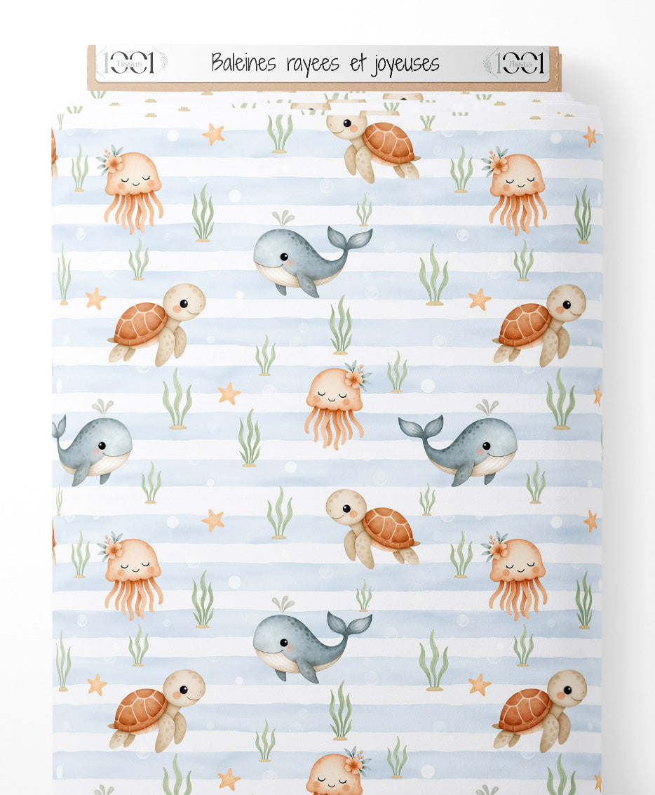 Tissu - Baleines rayées et joyeuses