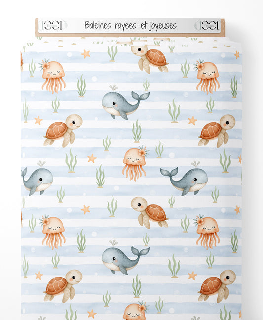 Tissu - Baleines rayées et joyeuses