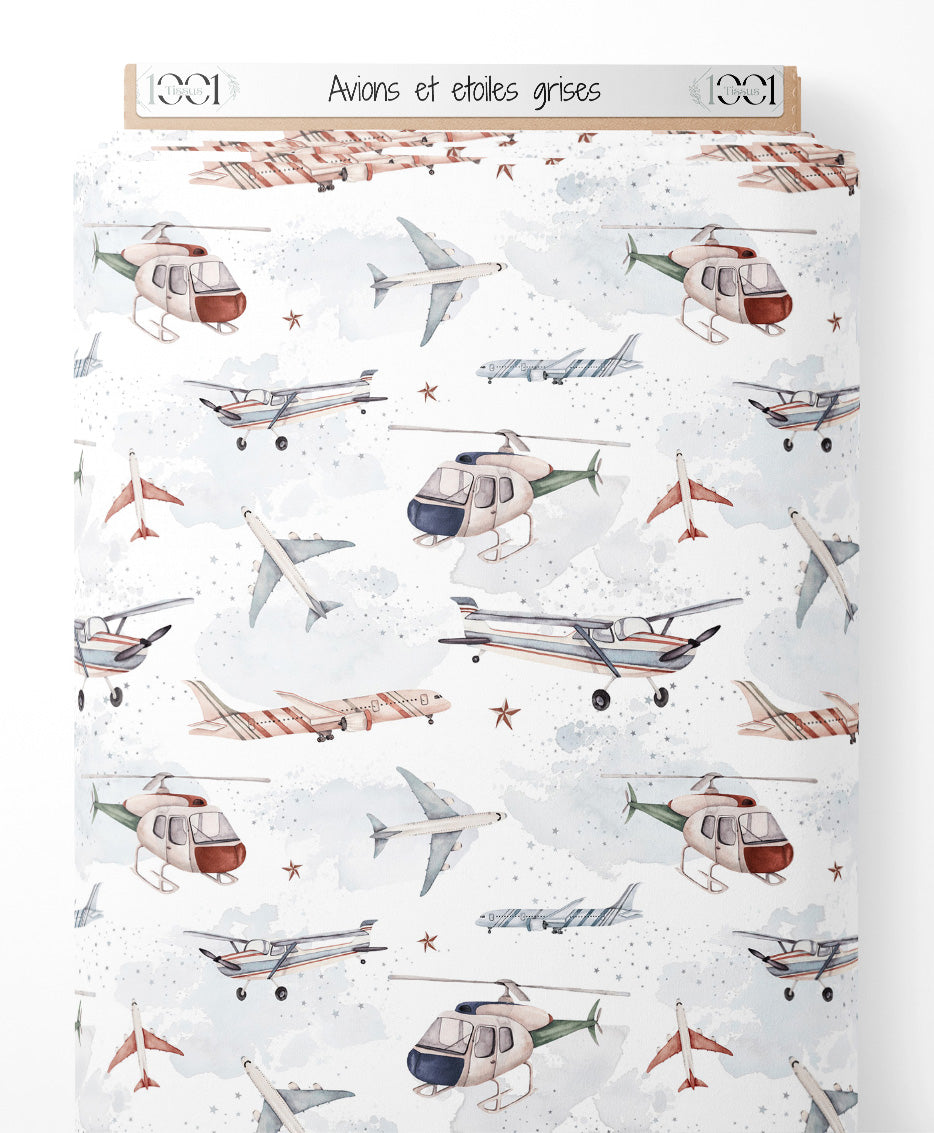 Tissu - Avions et étoiles grises