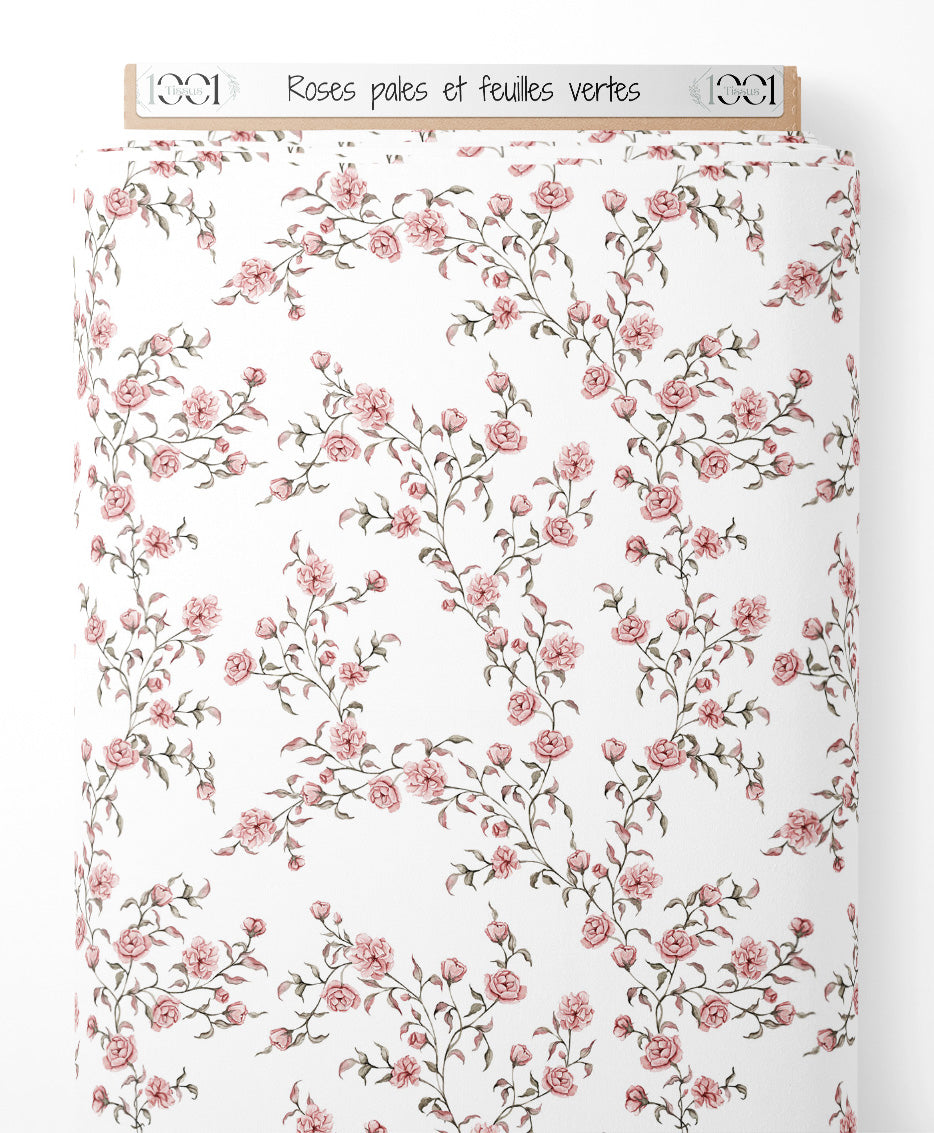 Tissu - Roses pâles et feuilles vertes