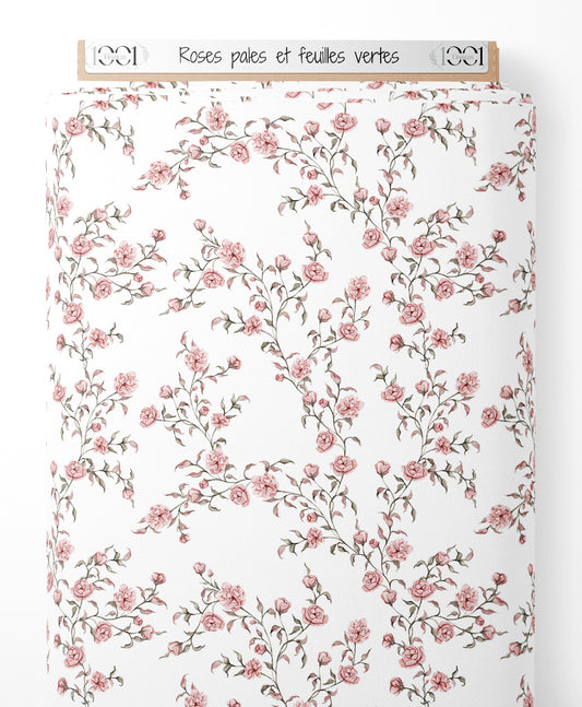 Tissu - Roses pâles et feuilles vertes