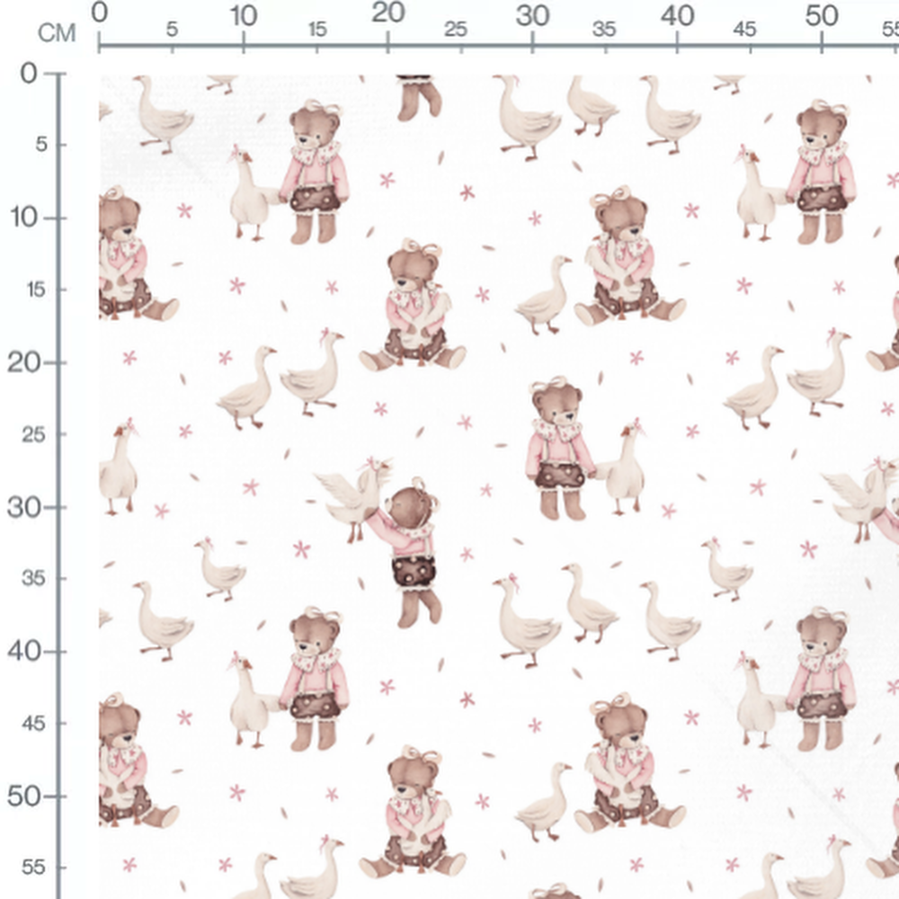 Tissu - Oursons et oies sur fond blanc