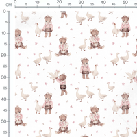 Tissu - Oursons et oies sur fond blanc