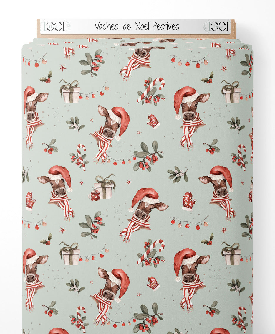 Tissu - Vaches de Noël festives
