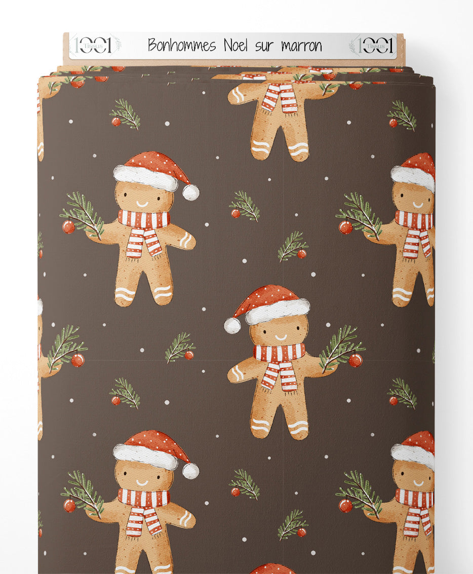 Tissu - Bonhommes Noël sur marron