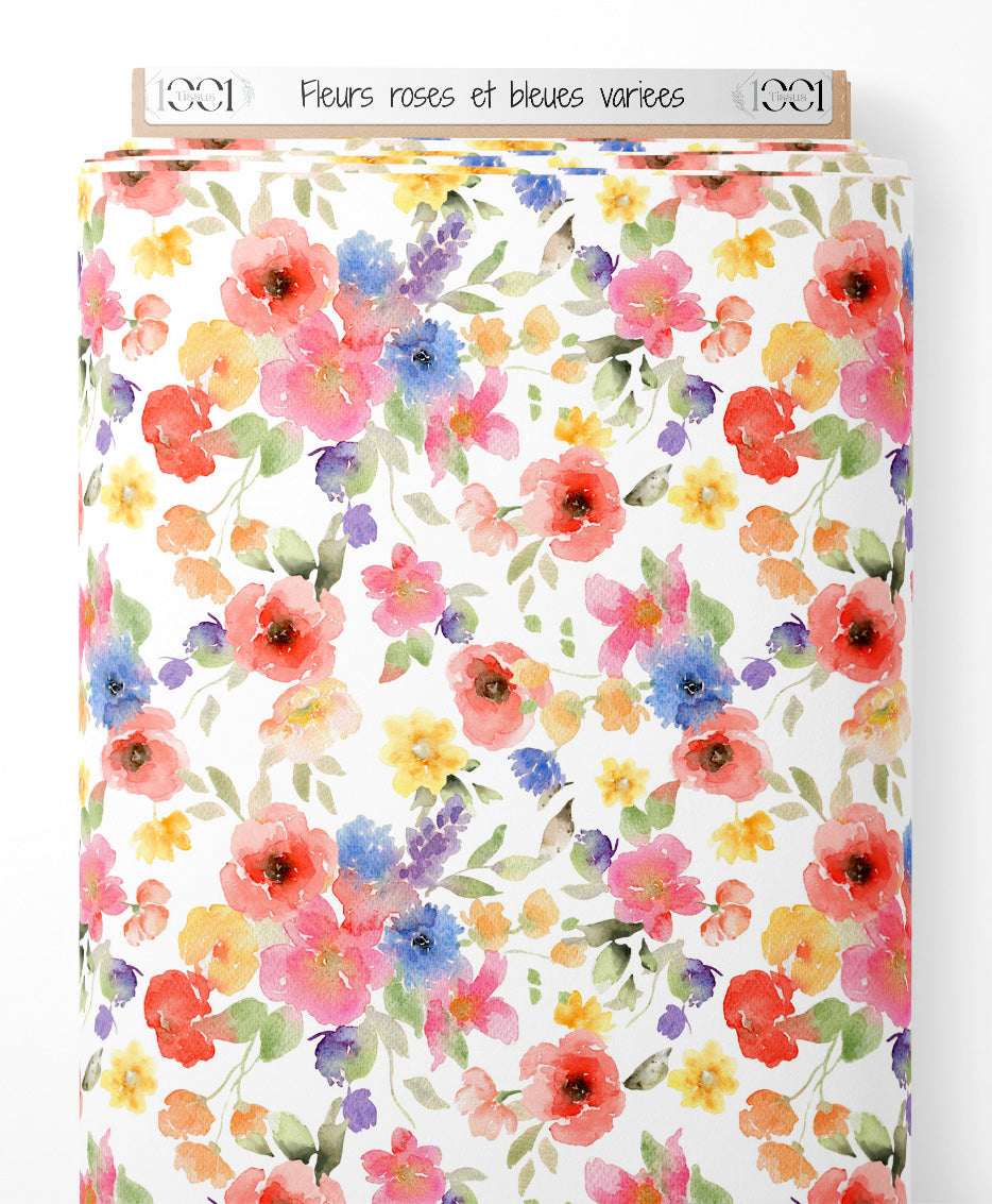 Tissu - Fleurs roses et bleues variées