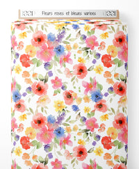Tissu - Fleurs roses et bleues variées